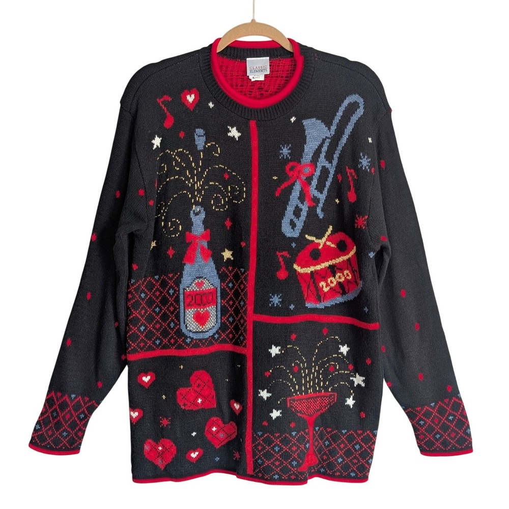 Vintage 2000s Y2K Maximalist Novelty NYE Celebrate Knitted Crewneck Sweatshirt